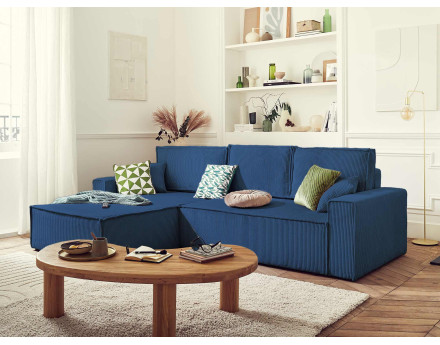 Dellia - canapé d'angle 4 places réversible convertible avec coffre en velours côtelé - style contemporain