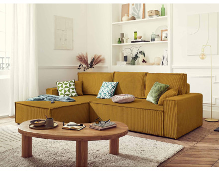 Dellia - canapé d'angle 4 places réversible convertible avec coffre en velours côtelé - style contemporain