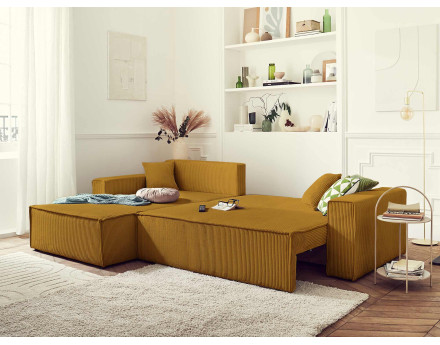 Dellia - canapé d'angle 4 places réversible convertible avec coffre en velours côtelé - style contemporain