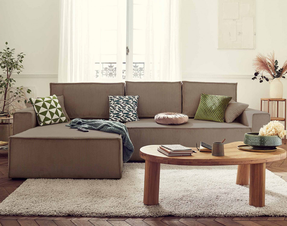 Dellia - canapé d'angle 4 places réversible convertible avec coffre en velours côtelé - style contemporain