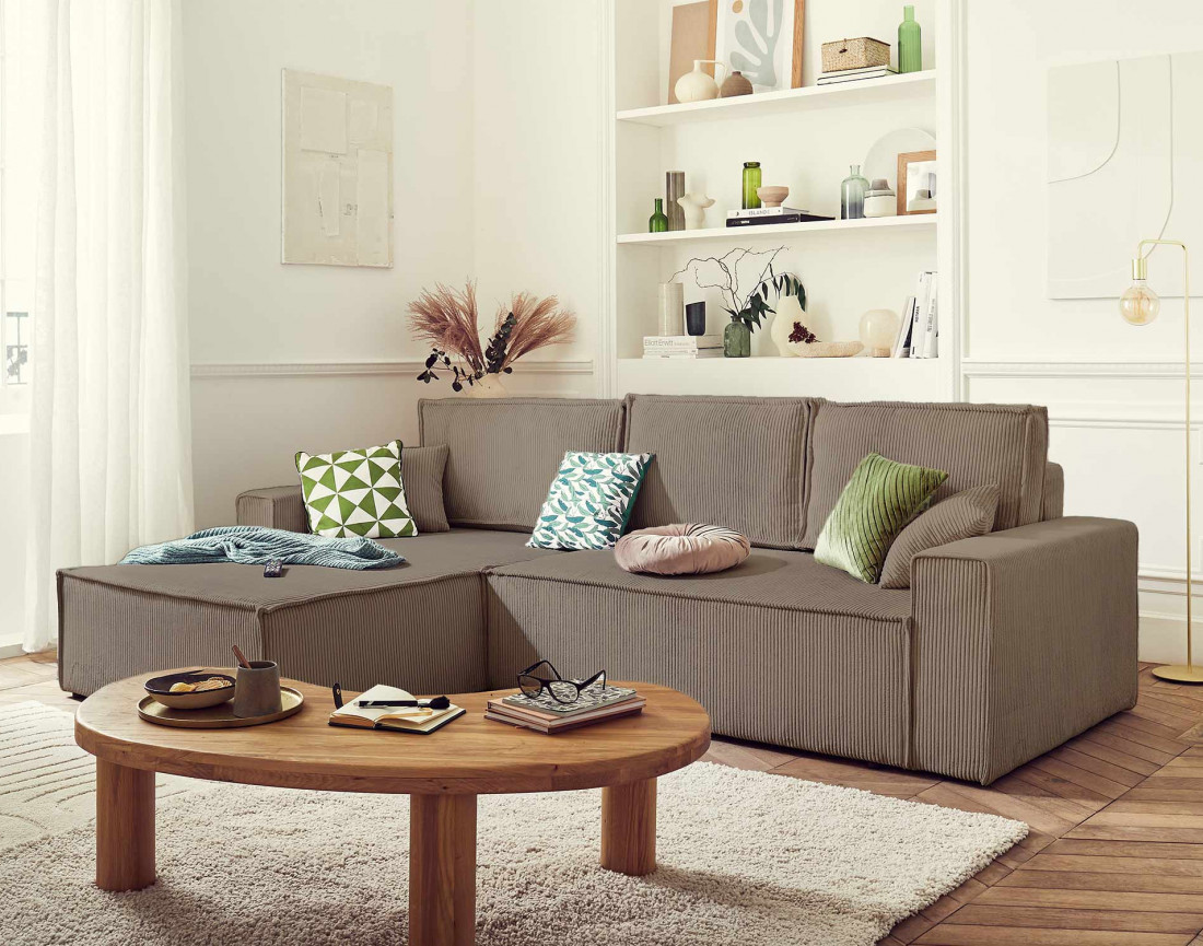 Dellia - canapé d'angle 4 places réversible convertible avec coffre en velours côtelé - style contemporain