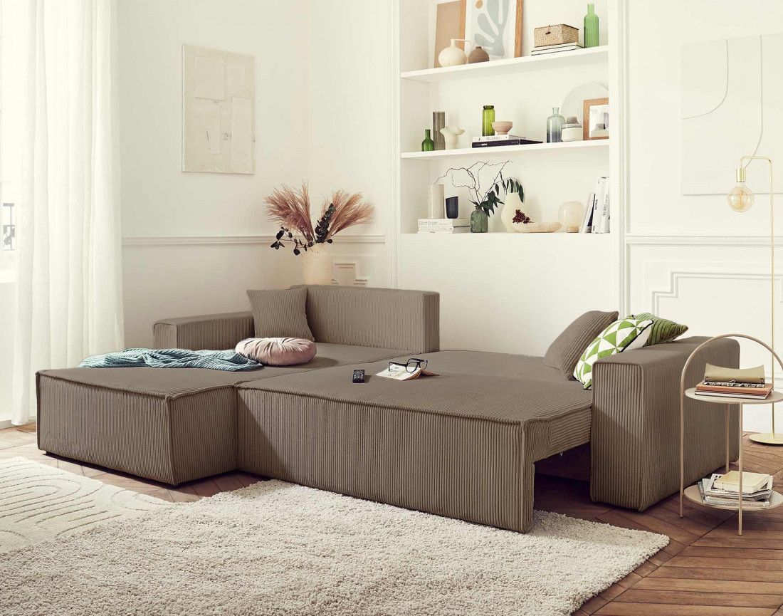 Dellia - canapé d'angle 4 places réversible convertible avec coffre en velours côtelé - style contemporain