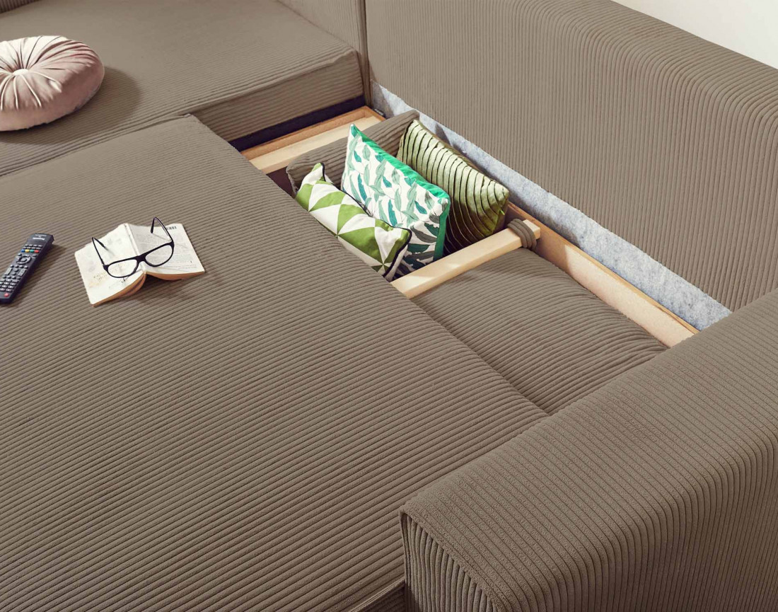 Dellia - canapé d'angle 4 places réversible convertible avec coffre en velours côtelé - style contemporain