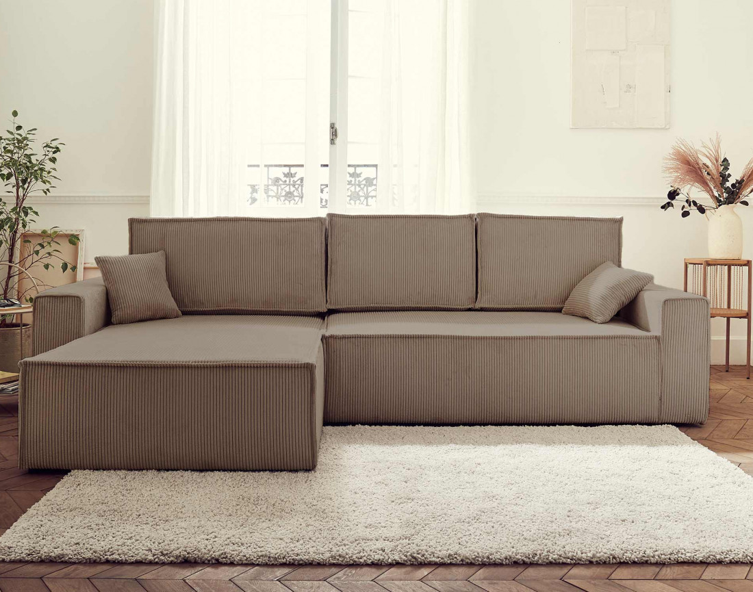 Dellia - canapé d'angle 4 places réversible convertible avec coffre en velours côtelé - style contemporain