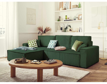 Dellia - canapé d'angle 4 places réversible convertible avec coffre en velours côtelé - style contemporain