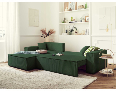 Dellia - canapé d'angle 4 places réversible convertible avec coffre en velours côtelé - style contemporain