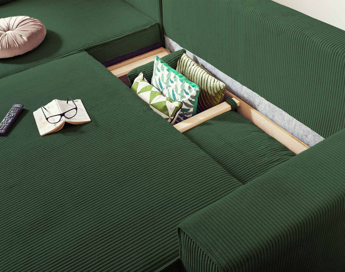 Dellia - canapé d'angle 4 places réversible convertible avec coffre en velours côtelé - style contemporain