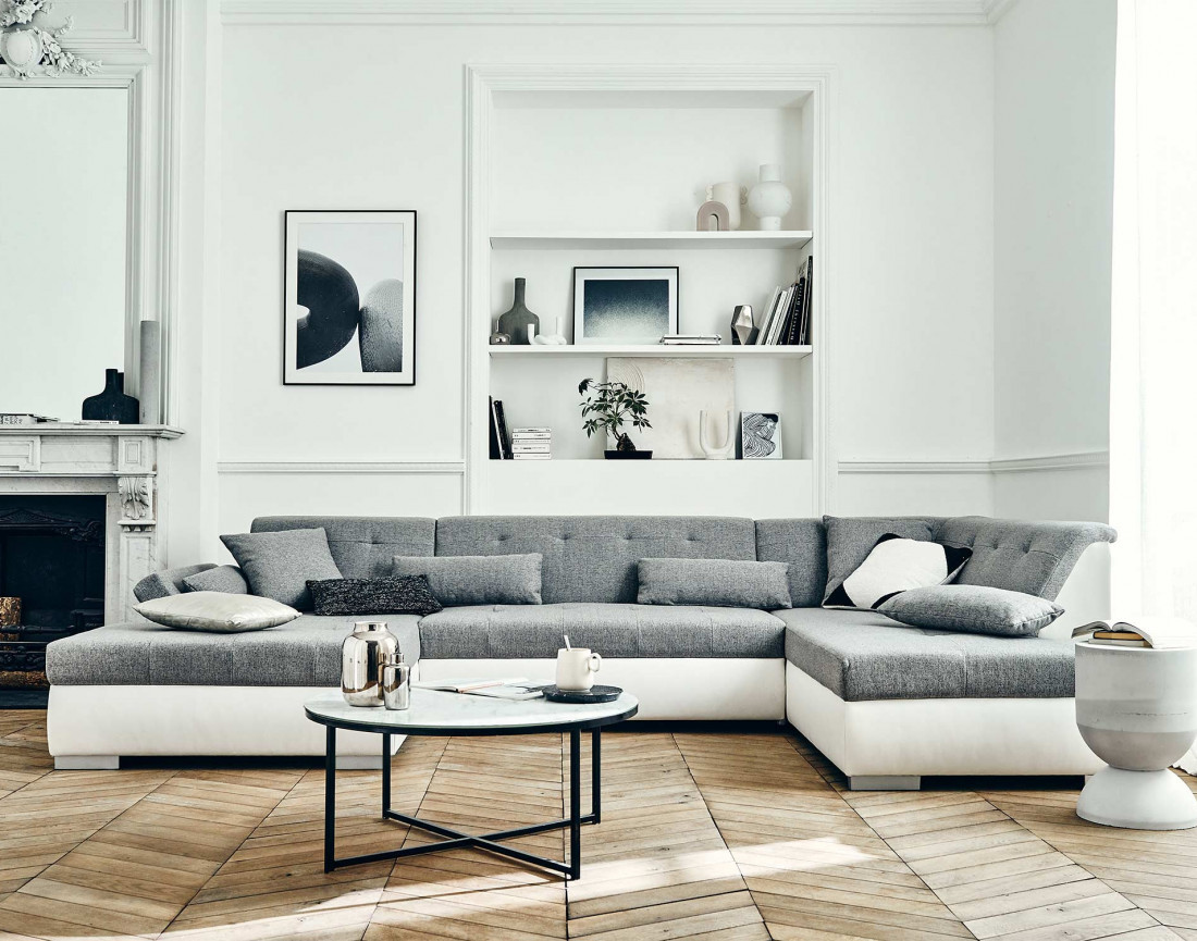 Canapé panoramique d'angle droit 7 places convertible en simili et tissu Vermont