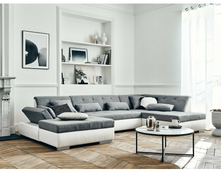 Canapé panoramique d'angle droit 7 places convertible en simili et tissu Vermont