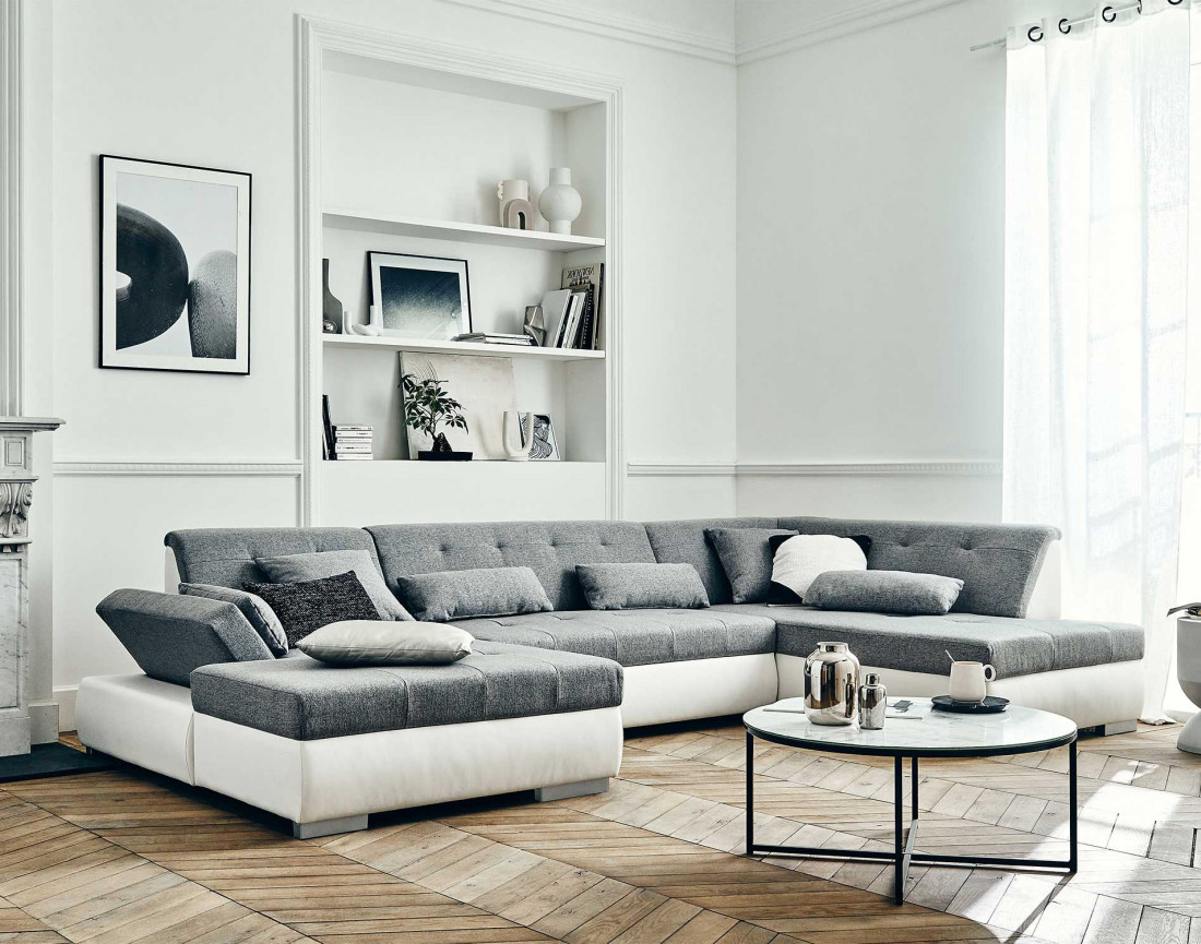 Canapé panoramique d'angle droit 7 places convertible en simili et tissu Vermont