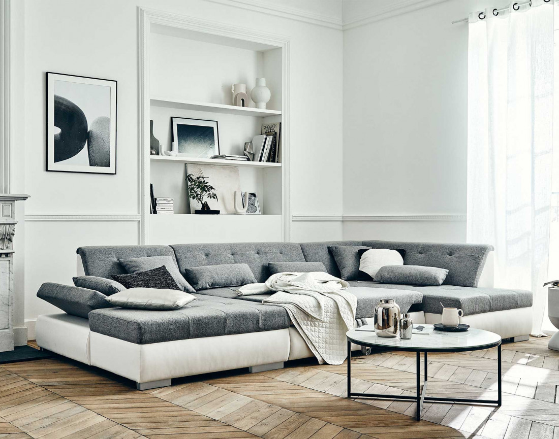 Canapé panoramique d'angle droit 7 places convertible en simili et tissu Vermont