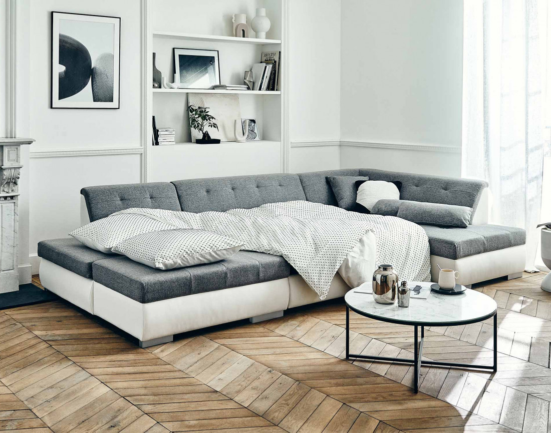 Canapé panoramique d'angle droit 7 places convertible en simili et tissu Vermont