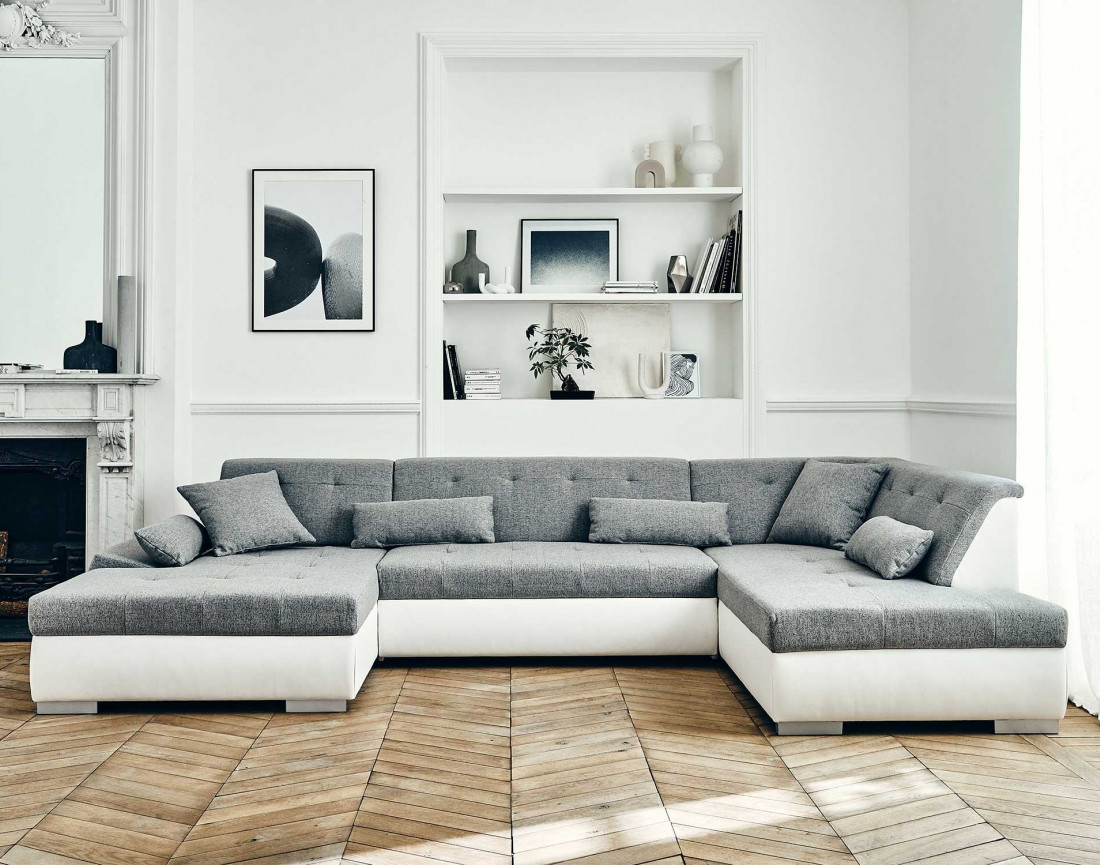 Canapé panoramique d'angle droit 7 places convertible en simili et tissu Vermont