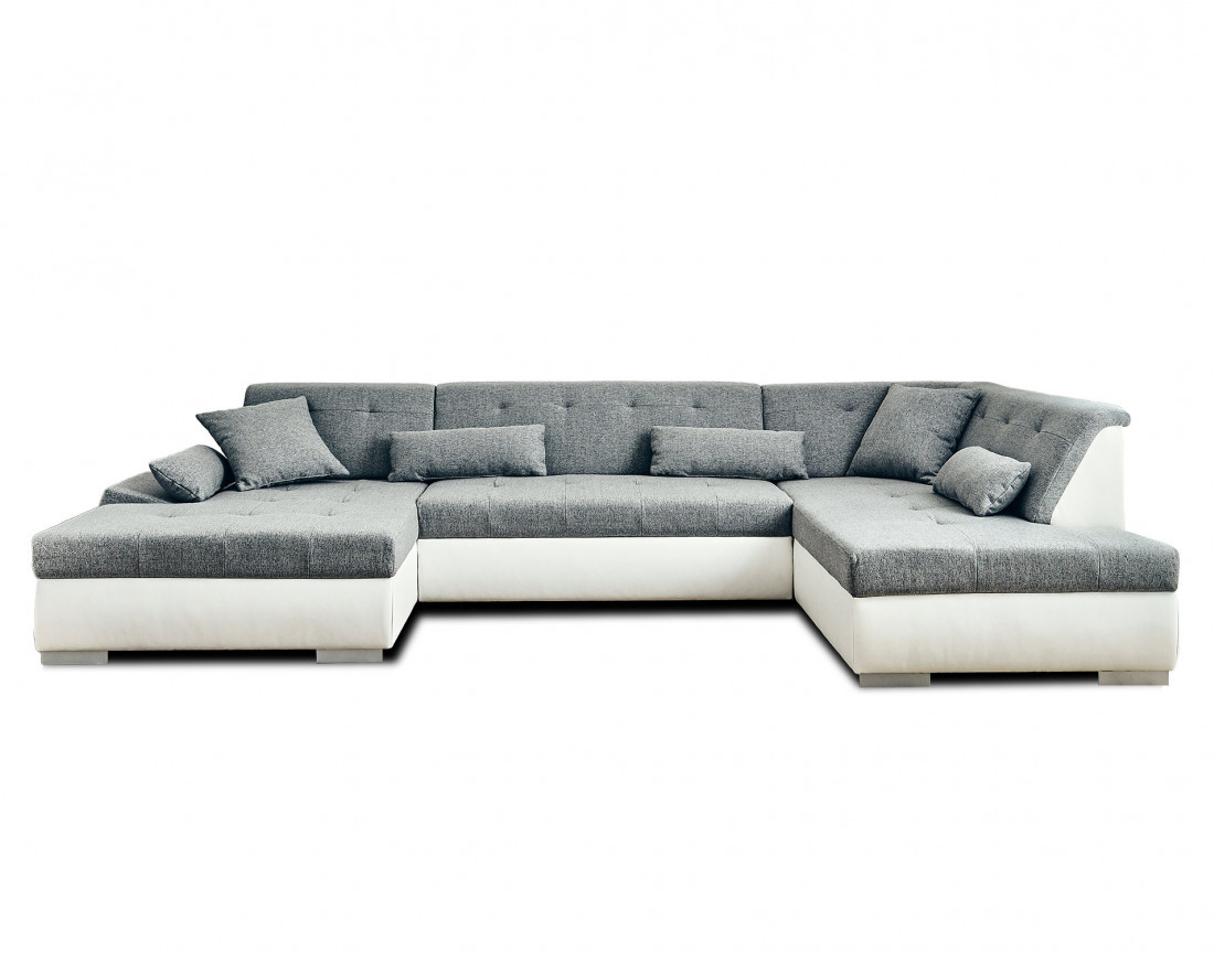 Canapé panoramique d'angle droit 7 places convertible en simili et tissu Vermont