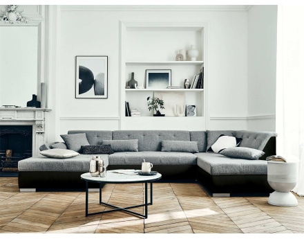 Canapé panoramique d'angle droit 7 places convertible en simili et tissu Vermont