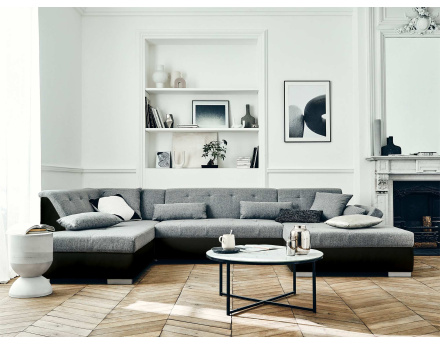 Canapé panoramique d'angle gauche 7 places convertible en simili et tissu Vermont