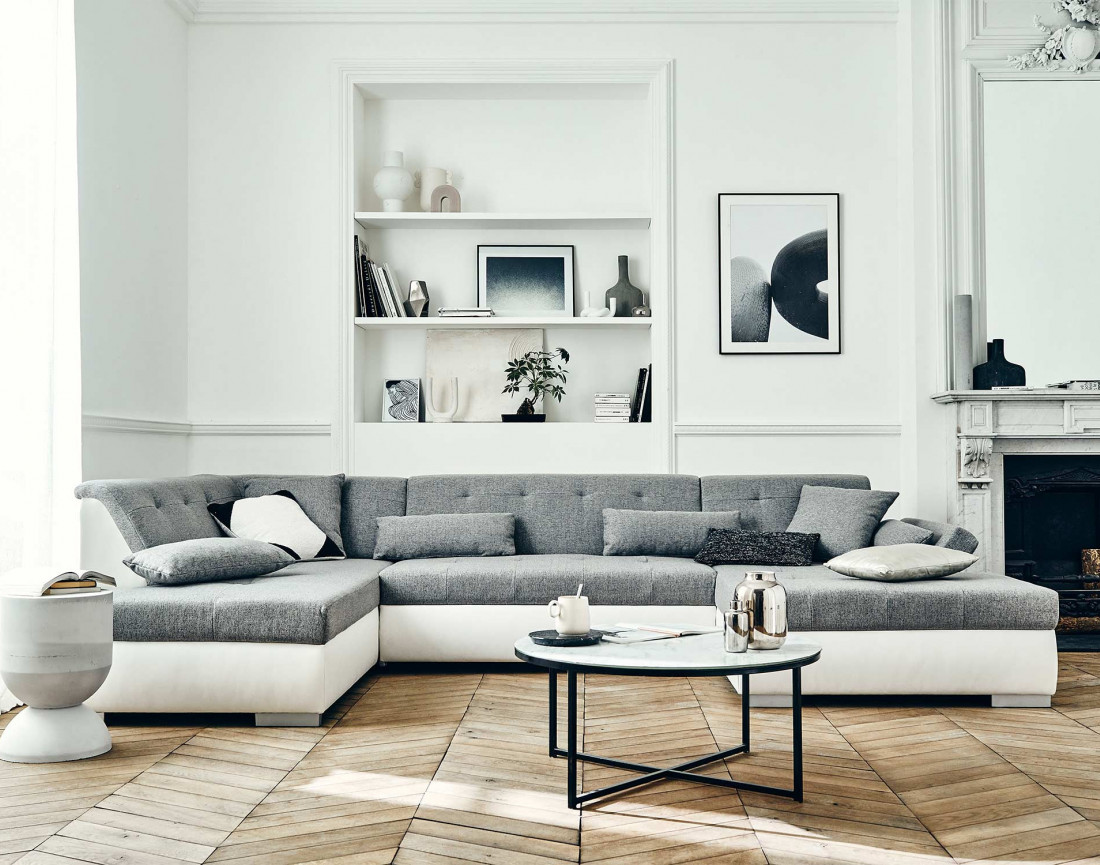 Canapé panoramique d'angle gauche 7 places convertible en simili et tissu Vermont