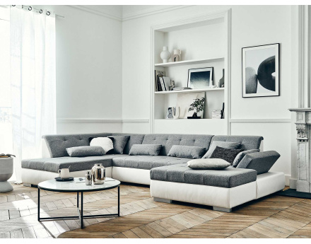 Canapé panoramique d'angle gauche 7 places convertible en simili et tissu Vermont