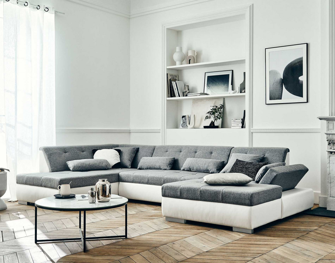 Canapé panoramique d'angle gauche 7 places convertible en simili et tissu Vermont