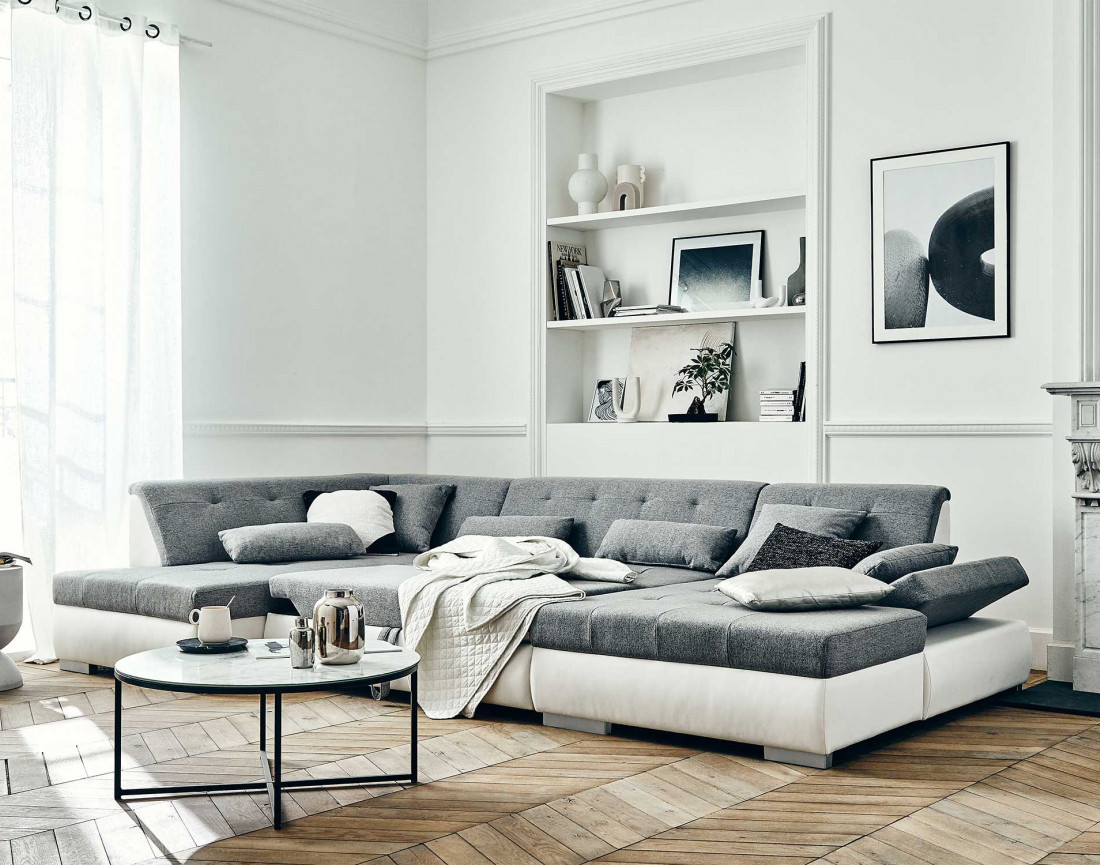 Canapé panoramique d'angle gauche 7 places convertible en simili et tissu Vermont