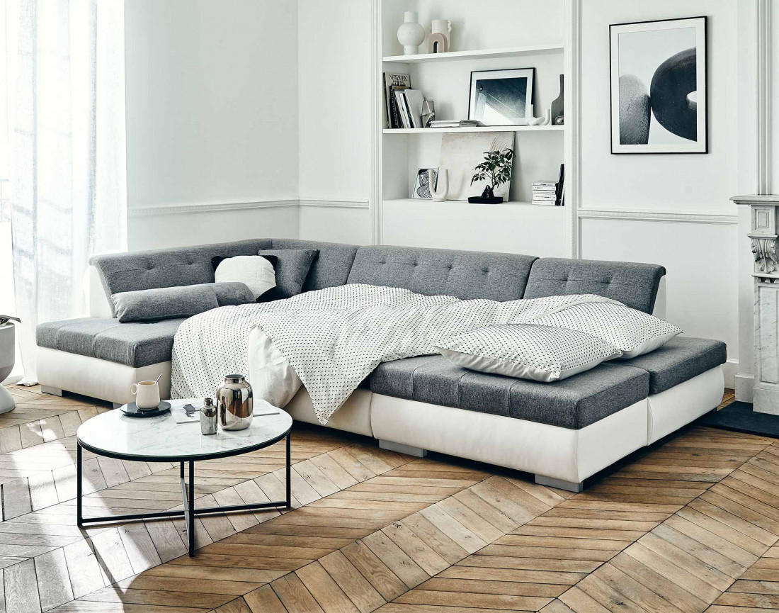 Canapé panoramique d'angle gauche 7 places convertible en simili et tissu Vermont