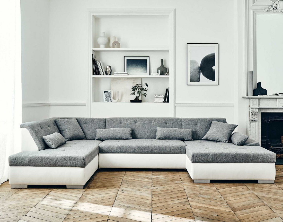 Canapé panoramique d'angle gauche 7 places convertible en simili et tissu Vermont