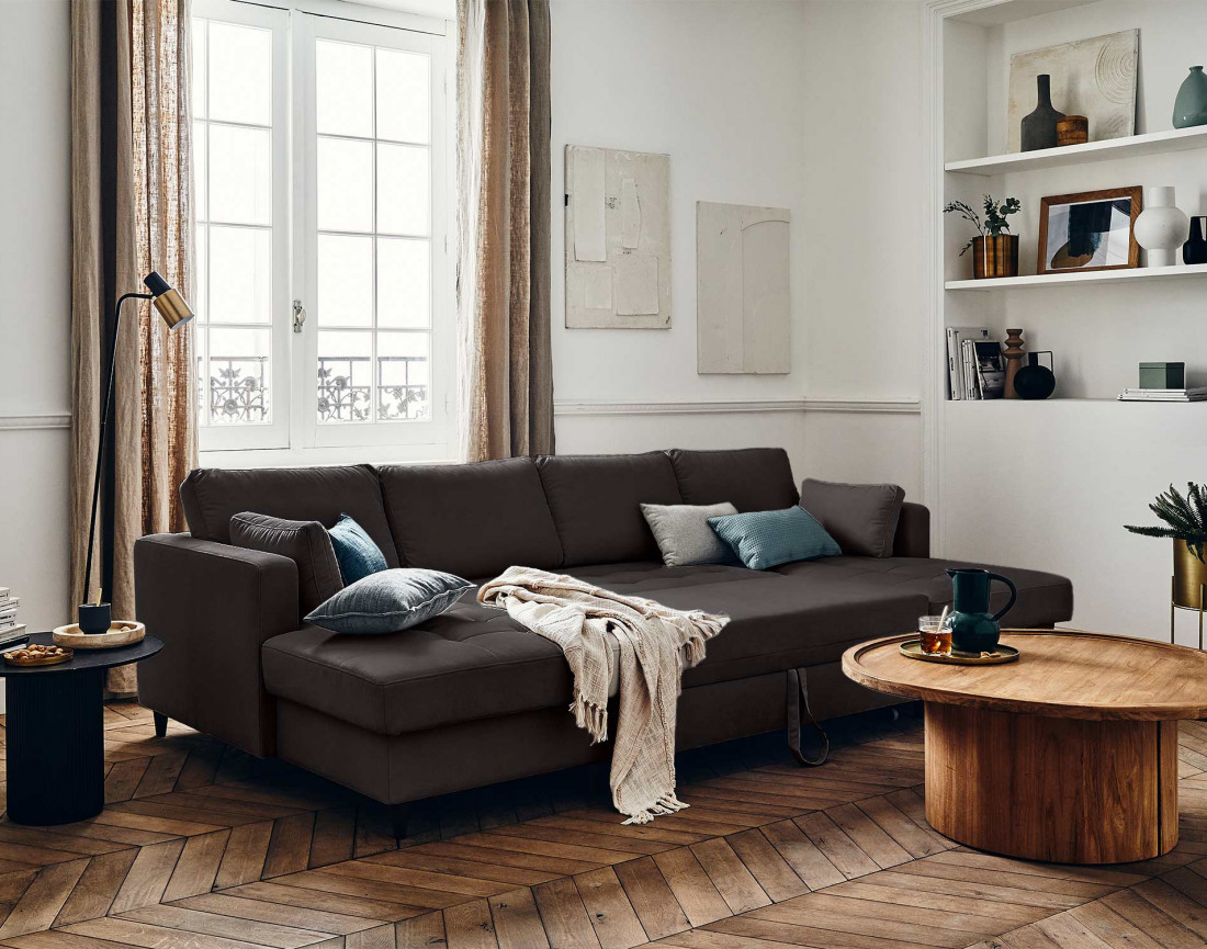 Canapé panoramique en U 7 places convertible avec coffre en velours Anna