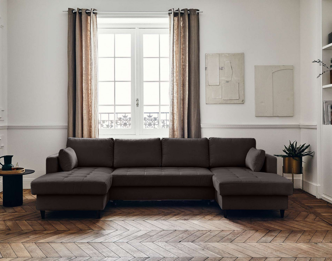 Canapé panoramique en U 7 places convertible avec coffre en velours Anna