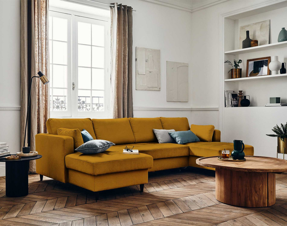 Canapé panoramique en U 7 places convertible avec coffre en velours Anna