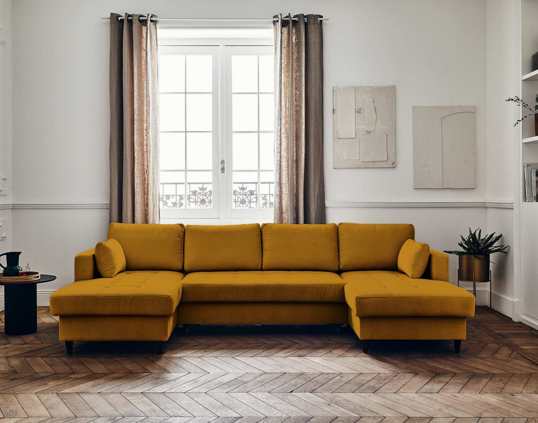 Canapé panoramique en U 7 places convertible avec coffre en velours Anna