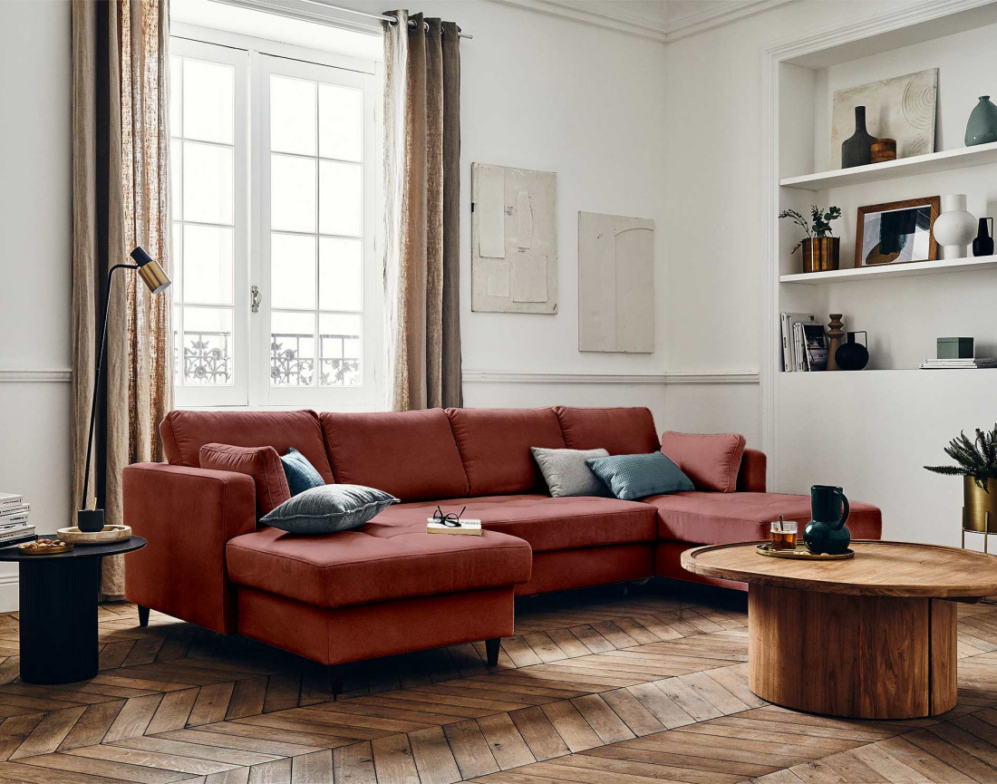 Canapé panoramique en U 7 places convertible avec coffre en velours Anna