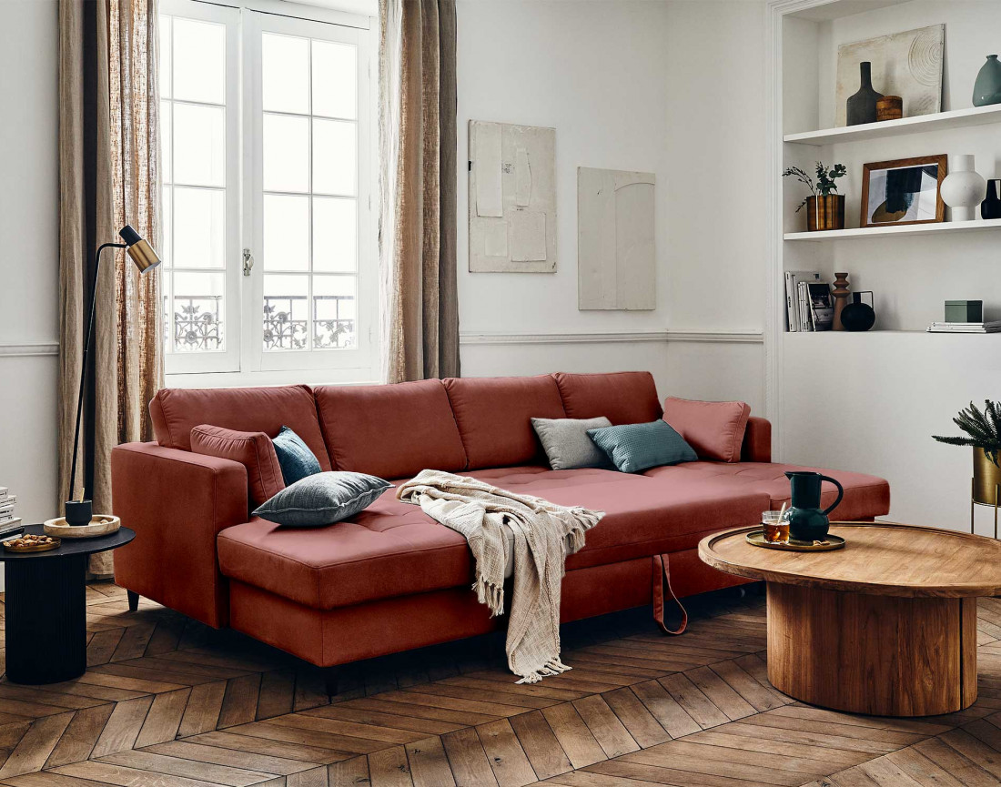 Canapé panoramique en U 7 places convertible avec coffre en velours Anna