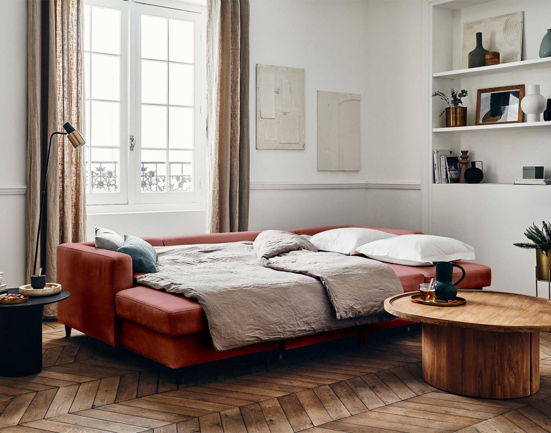 Canapé panoramique en U 7 places convertible avec coffre en velours Anna