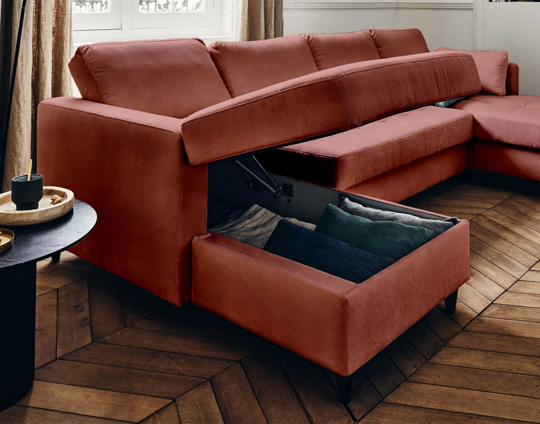 Canapé panoramique en U 7 places convertible avec coffre en velours Anna