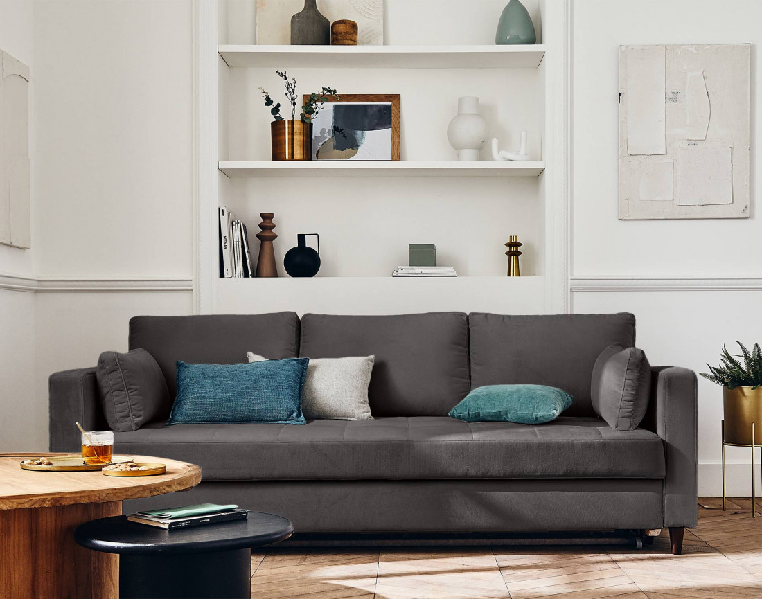 Canapé droit 3 places convertible avec poche en velours Anna