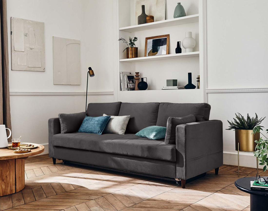 Canapé droit 3 places convertible avec poche en velours Anna