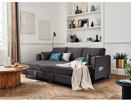 Canapé droit 3 places convertible avec poche en velours Anna