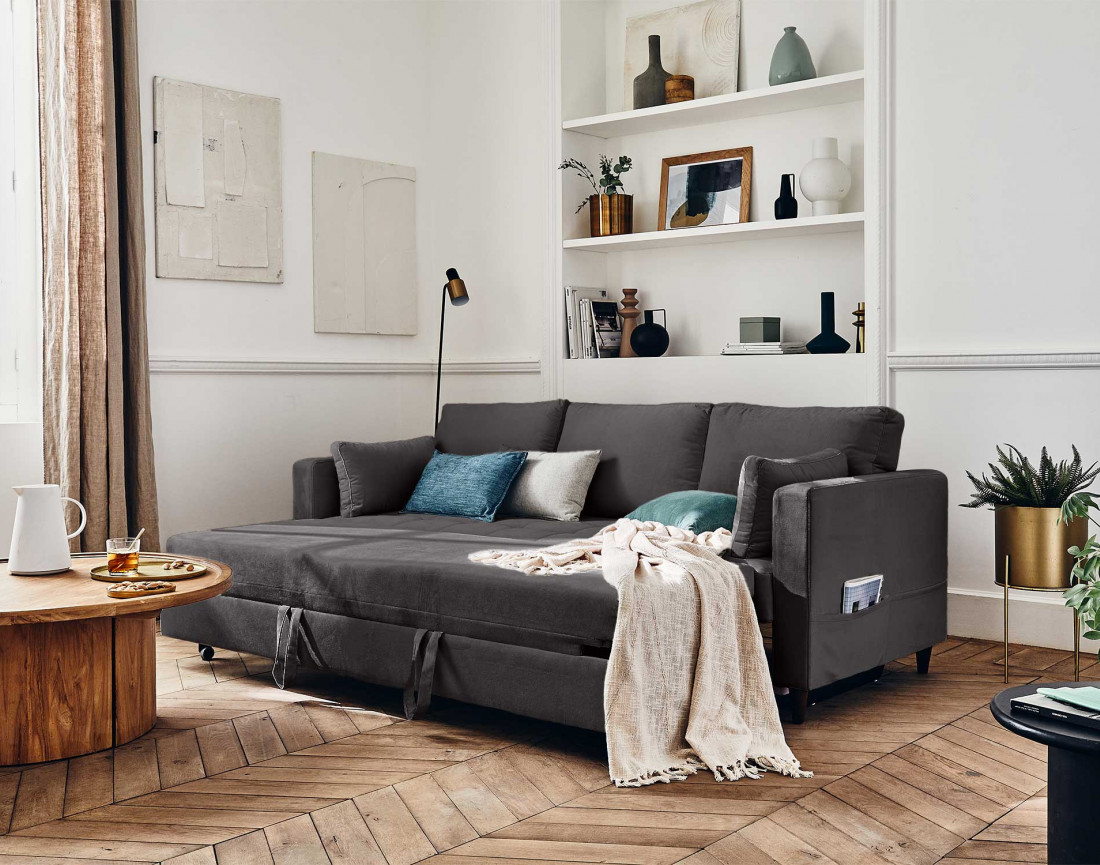 Canapé droit 3 places convertible avec poche en velours Anna