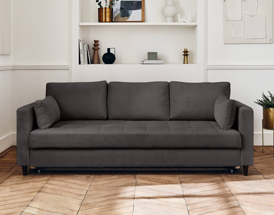 Canapé droit 3 places convertible avec poche en velours Anna