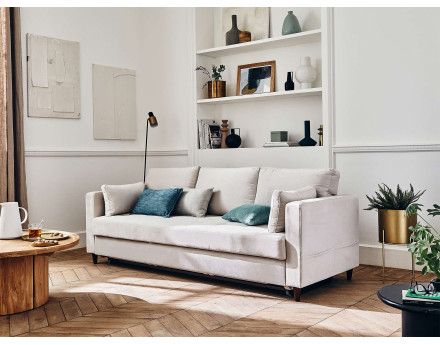 Canapé droit 3 places convertible avec poche en velours Anna