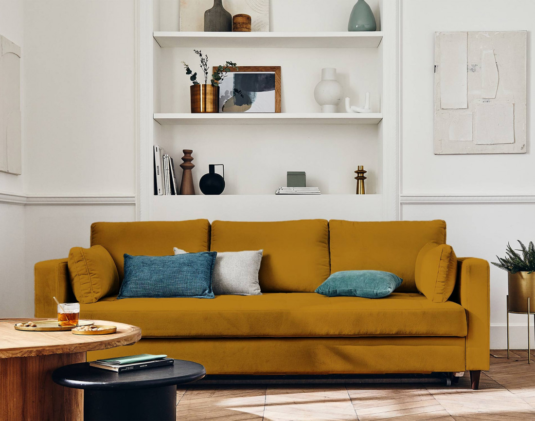 Canapé droit 3 places convertible avec poche en velours Anna