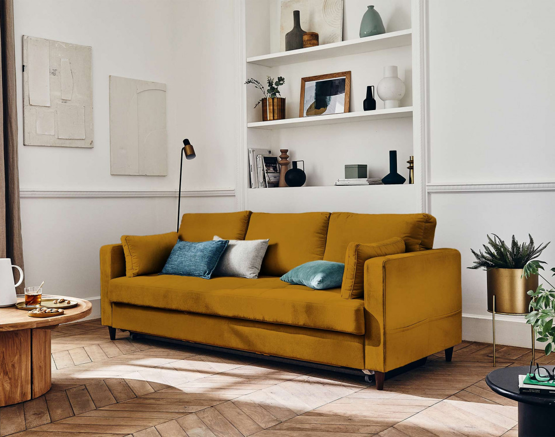 Canapé droit 3 places convertible avec poche en velours Anna