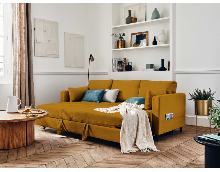 Canapé droit 3 places convertible avec poche en velours Anna