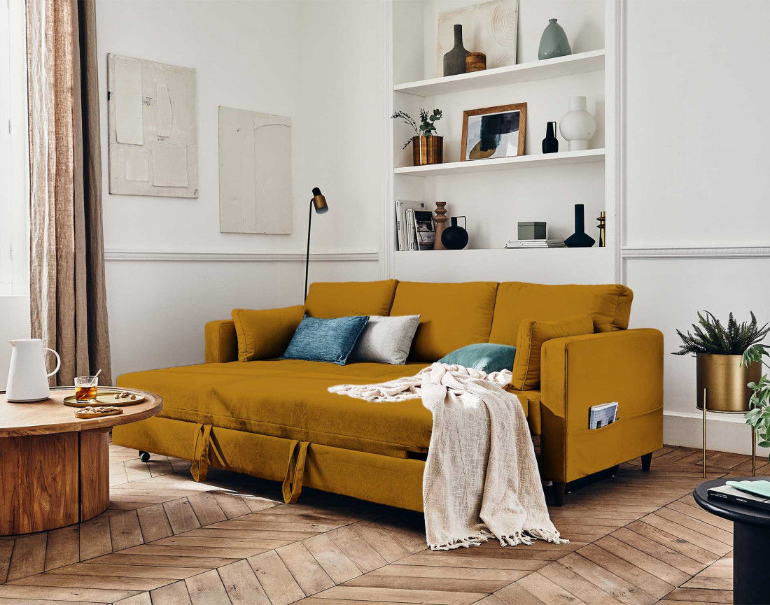 Canapé droit 3 places convertible avec poche en velours Anna