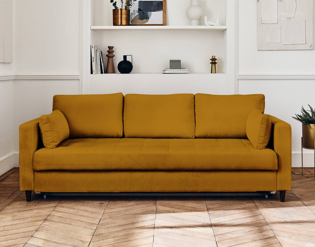 Canapé droit 3 places convertible avec poche en velours Anna