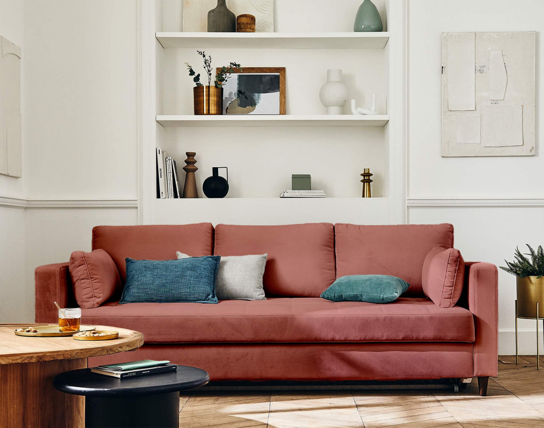 Canapé droit 3 places convertible avec poche en velours Anna