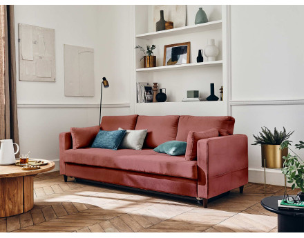 Canapé droit 3 places convertible avec poche en velours Anna