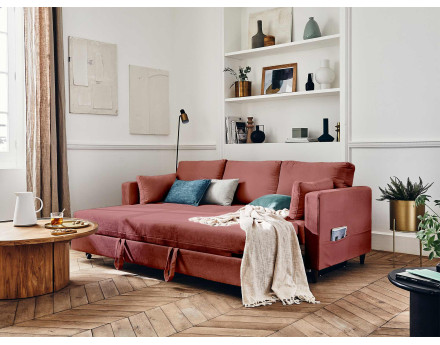 Canapé droit 3 places convertible avec poche en velours Anna