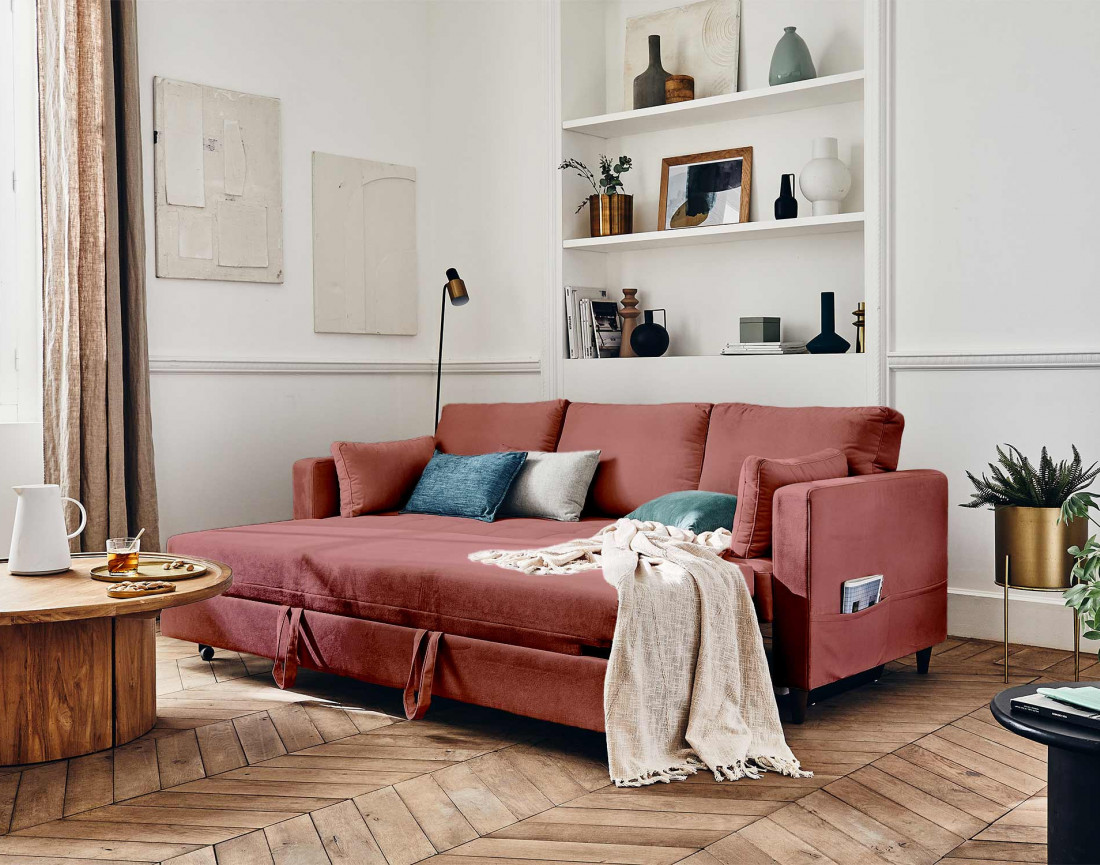 Canapé droit 3 places convertible avec poche en velours Anna