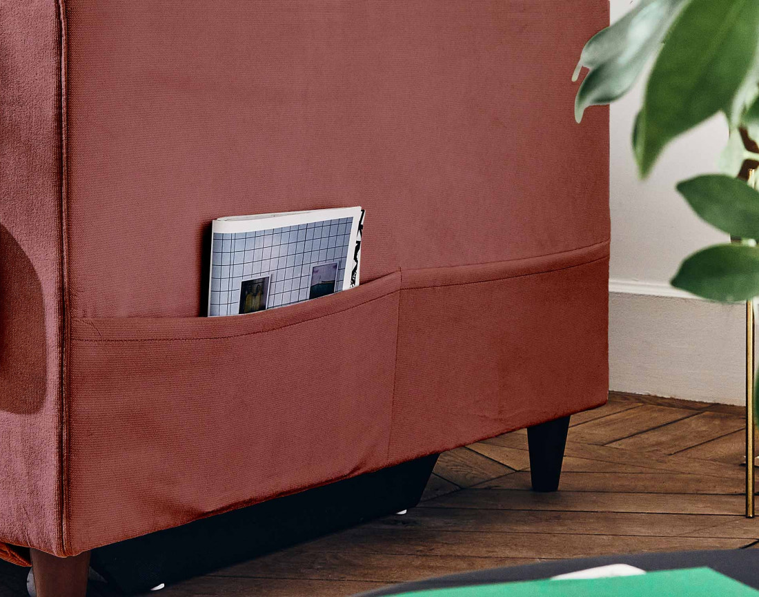 Canapé droit 3 places convertible avec poche en velours Anna